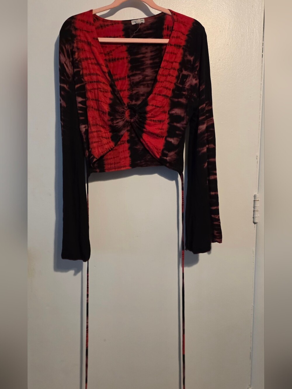 Tie-Dye Red and Black Long Sleeve Twist-Front Crop Top